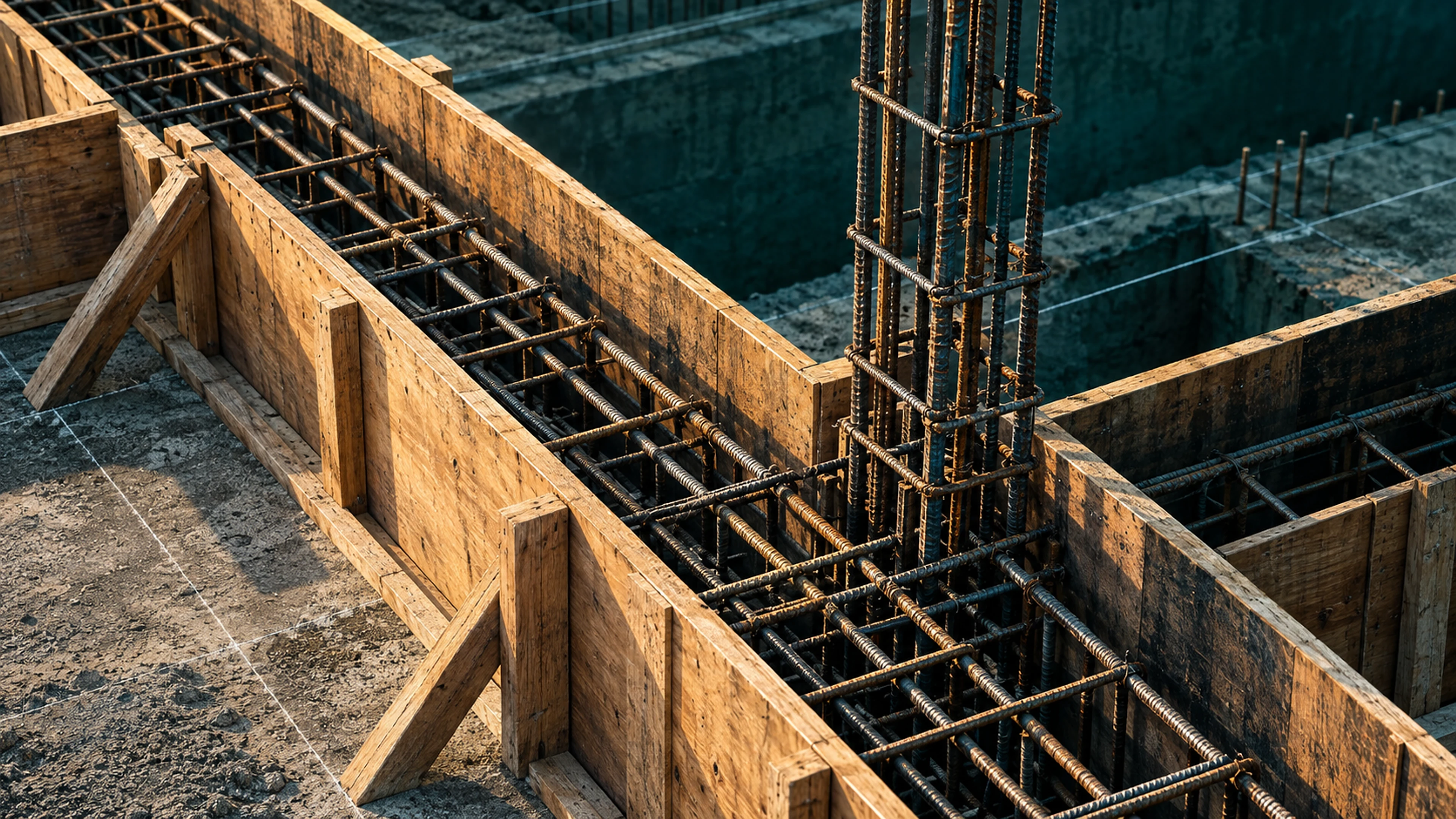 Close view of timber formwork and reinforced steel prepared for a concrete pour